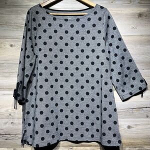Talbots Tunic Top Women’s LG Polka Dot Gray Black Soft Knit 3/4 Tie Sleeve VGUC